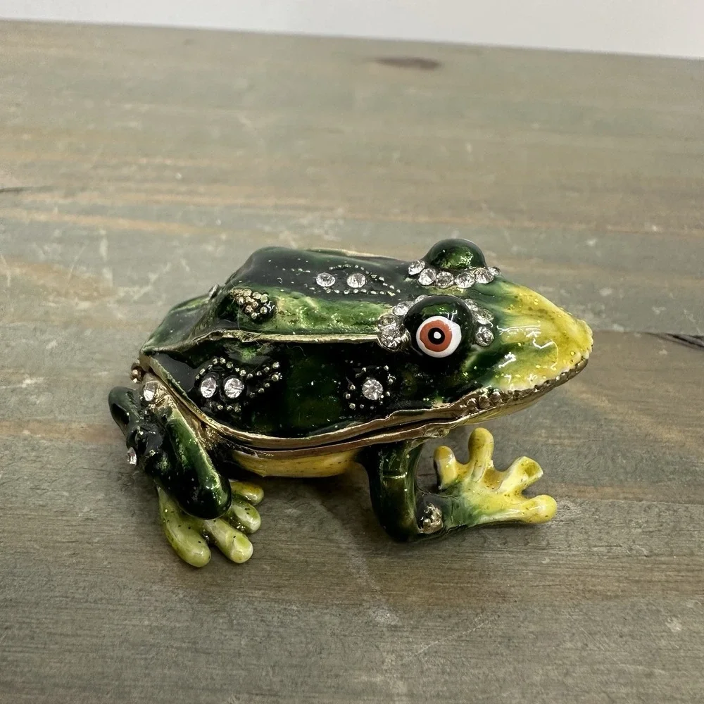 Jeweled Frog Trinket Box Green Yellow Rhinestone Enamel Hinged Mini Figurine